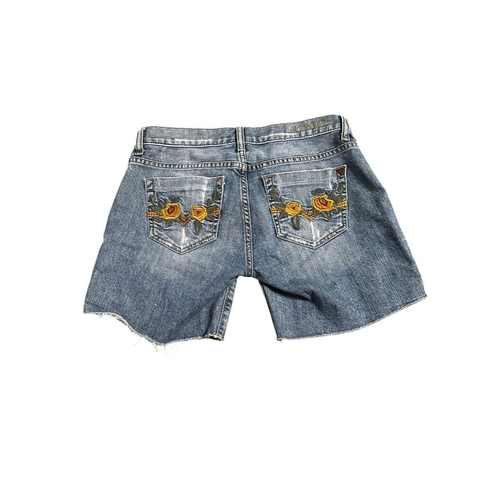 GUESS Y2K Embroidered Denim Shorts Womens 27 Low Rise Floral Distressed - Picture 2 of 10